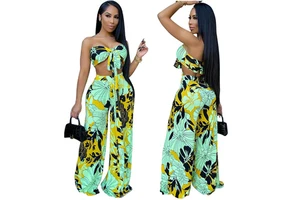 Hot Sale Hot-selling Floral-print Tube Top Wide Leg Pants Suit Casual Slim Fit Tied Midriff Outfit Two-piece Set