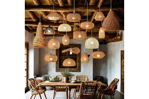 Modern Nordic Wabi Sabi Japanese Handwoven Natural Weave Rattan Bamboo Wicker Hanging Ceiling Pendant Light Lampshade Chandelier