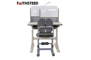 Grey Mobile Adjustable Height Student Desk and Chair Set Modern School Furniture with Bookshelf LED Lamp and Large Storage