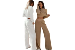 Custom Women's Plus Size Eco-Friendly Breathable Casual Solid Waffle Knit Seamless 2-Piece Sweatshirt Lounge Set With Pockets