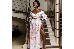 Summer New Fashion Cross-Border Women's V-Neck Printed Horn Sleeve Top Long Split Skirt Suit Digital