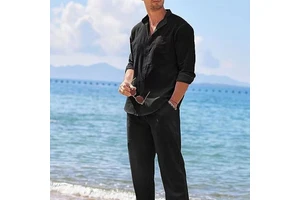 2025 Fashion Men's Cotton Linen Sets Full Sleeve Shirt and Pants Set Solid Beach Outfits Wholesale Mens Two Piece Set