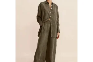 Custom Oversized Fit Collared Neckline Centre Front Contrast Buttons Long Cuff Detail Side Splits 100% Cupro Shirt and Pants Set