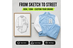 OEM Custom Mens Pastel Blue Tracksuit Contrast Sleeve Nylon Windbreaker Jacket Collage Style Chenille Letters Jogger Set Factory