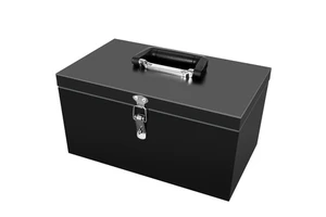 Heavy duty black metal toolbox with latch and top handle secure locking storage case organizer for tools hardware accessories