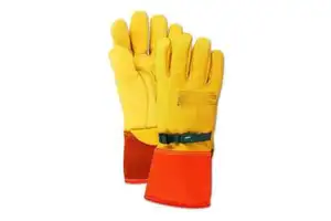 Men Yellow Red Long Lightweight Pull Strap Leather Linesman Protector Shock Proof Electrical Insulated Gloves