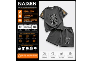 Custom Mens Urban Streetwear Graphic Tee Shorts Set Heavyweight Cotton Oversized Matching Clothing Set Two Piece Set For Men