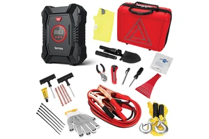 44-Piece Premium Roadside Assistance Kit 12V Portable Compressor Jumper Cables First Aid Kit Snow Shovel Emergency Light-CE