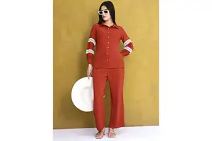 Lightweight Solid Majestic Orange Co-Ord Set Voluminous Sleeve Shirt Knee Pants Featuring Stand Elegant Lace Inserts Breathable