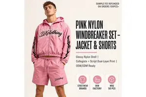 Custom Technical Shell Windbreaker Shorts Set Manufacturer | Pink Cropped Full Zip Jacket | Tribal Sleeve Graphic Atelier Series