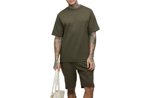 Men's Solid Color Crew Neck Knitted T-Shirt Shorts Set Summer Casual Breathable 100% Cotton Short Sleeve Outfit