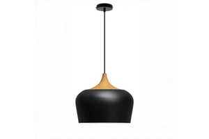 Custom Wholesale Nordic Mushroom Iron Matten Black Hanging Light Modern Faux Wood Texture Neck Single Head Suspension Light