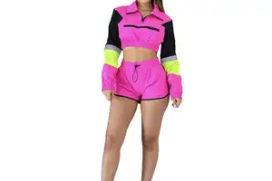 Women Y2K Color Blocking Tracksuit Set Full Sleeve Half-Zip Crop Top With Shorts Quick Dry Polyester Summer Casual Wear