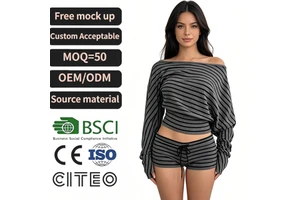 Women Grey Striped Off Shoulder Long Sleeve Crop Top Low Waist Drawstring Shorts Two Piece Set Y2K Streetwear Lounge Outfit