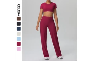 2026 Girls Sport Set Manufacturers Short Sleeve Crop Top with Padded High Waist Leggings Set Sportswear Women Gym Fitness Sets