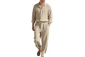 Cross-Border Independent Site Summer Men's Casual Loose Beach Sun-Protective Long-Sleeve Set with Rhinestone