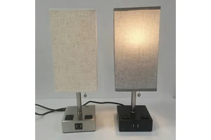 Modern Table Lamp with USB Ports & Outlets, Fabric Shade for Bedroom Hotel Nightstand