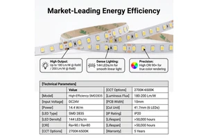 Premium 180Lm/W LED Strip Light 24V SMD 2835 144LEDs/m High Brightness Flexible LED Light Strip For Linear Lighting