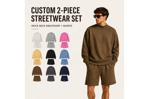 Custom 350gsm Heavyweight Mock Neck Sweatshirt Shorts Set Blank Men Streetwear Fleece Two Piece Shorts Set With Logo