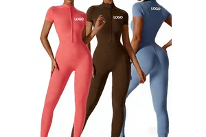 YQ Zipper Nude Short Sleeve Yoga One Piece Set Sports Roper High Strength Fitness Sports Bodysuit for Women