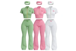 Custom Logo Gym Y2K Fitness Workout Set Full Zip Up Jacket Flared Yoga Leggings Matching Headband 3 Piece Women Activewear Sets