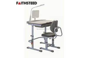 Single Student Desk and Chair Set Adjustable Height Ergonomic Dual Backrest Chair with Bookshelf and LED Lamp for Home Study