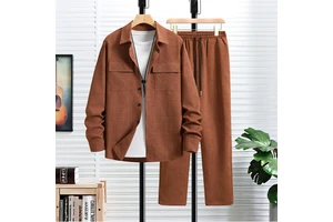 Men's Smart Casual Woven 2-Piece Set Fashionable commuter Suit Lapel Collar Long-Sleeved Shirt Casual Pants Outdoor Sports