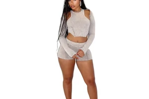 KY Summer Collection Vintage Solid Ladies 3 Piece Casual Suits Long Sleeve Bolero Cropped TOP Piping Washed Mineral Shorts