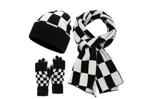 Winter Three-Piece Set Men's And Women's Plaid Style Cold Knit Cap Gloves Long Scarf-Double Thickening Acrylic