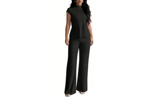 Women's Ribbed Turtleneck Short-Sleeve Top & Wide-Leg Pants 2 Piece Set - Casual Formal Co-ord Sehe Fashion