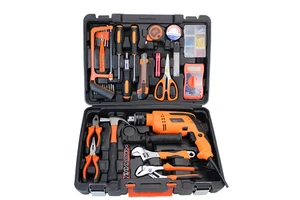 TMAXTOOL Impact Drill Tool Set Power Combo Kit Screwdriver Wrench Pliers Saw Hand Tools in Tool Box for Home Repair DIY Workshop