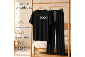 2026 Summer New Ice Silk Ribbed Short-Sleeve Suit for Men, Customizable Logo Casual Sportswear, Couple Outfit, Unisex Style