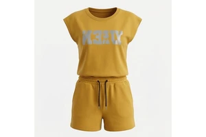 Women's 2 Piece Knitted Set Sleeveless T Shirt and Above Knee Shorts Casual Letter Printed Solid Yellow Cotton Outfit Spring