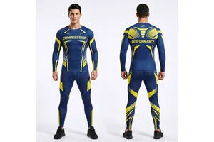 Men Full Sleeve Compression Rash Guard Set Blue Yellow Heat-Transfer Print Quick Dry Seamless Performance Wear UPF50+