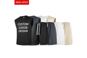 Wholesale Men Knitted Breathable Quick Dry Sleeveless T Shirt Set Summer Custom Logo Sports Fitness Loose Vest Shorts Two-Piece