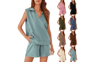 Sleeveless Regular Fit Spandex Polyester Women's SetsNew Woven Plain Dyed Character Vintage Sleeveless Sweatshirt Shorts Set