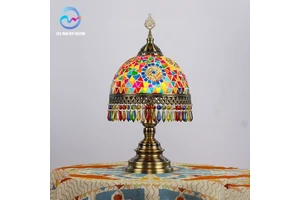 Handmade Iron Turkish Style Mosaic Stained Glass Table Lamp with LED Decoration Lights Source and Dome Shade for Living Room