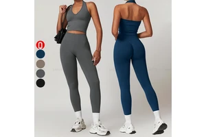 Lightweight Solid Blank 2-Piece Women Plus Size Halter Neck Sports Bra & High Waist Compression Leggings Set With Front Logo