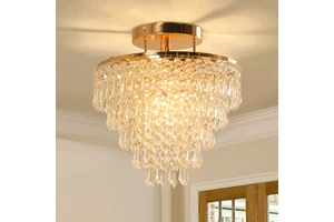 Modern Crystal Chandelier Gold & Chrome Ceiling Light Round Decorative Lamp with E27/E26 Bulb for Living Room or Bedroom