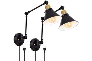 Black & Brass Vintage Industrial Style Dimmable Swing Arm Wall Sconces with E26 Base and 6FT Plug in Cord 180 Adjustable Angle