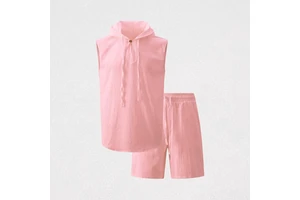 Women Hooded Sleeveless Crop Top & Above Knee Shorts Set Solid Color Casual Loose Fit Spring Summer Cotton Bamboo Fiber