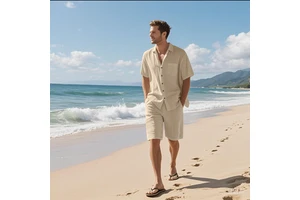 Site Summer Men's Solid Color Knitted 100% Cotton Breathable Rhinestone Lapel Button Casual Short-Sleeve Shirt Beach Set