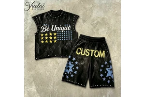 Custom Oversized Vintage Washed Rhinestone Tank Top DTG Printing Sleeveless Shirt Shorts Set Men Streetwear Set Street Summer