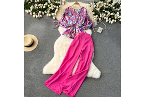 Printed Drawstring Trumpet Sleeve Top Waist Temperament High Waist Wide Leg Pants Fashion Two-Piece Set