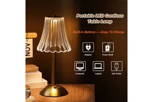 Modern Rechargeable LED Table Lamp with Crystal Acrylic Shade Touch Control 3 Color Dimmable Metal Bedside Lamp