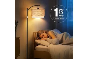 Boho Chic Rattan & Linen Double Shades Arc Floor Lamps for Living Room & Bedroom 9W Bulb Foot Switch Drum Style for Office Use