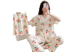 Women's Elegant Thermal Three-Piece Cotton Summer Sleepwear Set Sweet Cherry Printed Short-Sleeved Shorts Trousers Home Wear