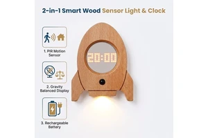 Creative 2-in-1 Solid Wood USB LED Smart Sensor Gravity Balance Digital Alarm Clock Bedside Magnetic Wall Lamp White