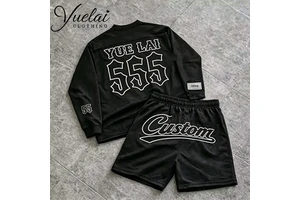 Custom logo Crew Neck Long Sleeves Black Tee Shirt and Mesh Short 2 Piece Set Summer Men's Baggy Lightweight Sweat Casual Suit