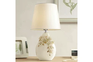 Retro Carved Flower Art Ceramic Table Lamp Luxury Modern Bedroom Decorate Table Light Cloth Cover Hotel Bedside Reading Lamp